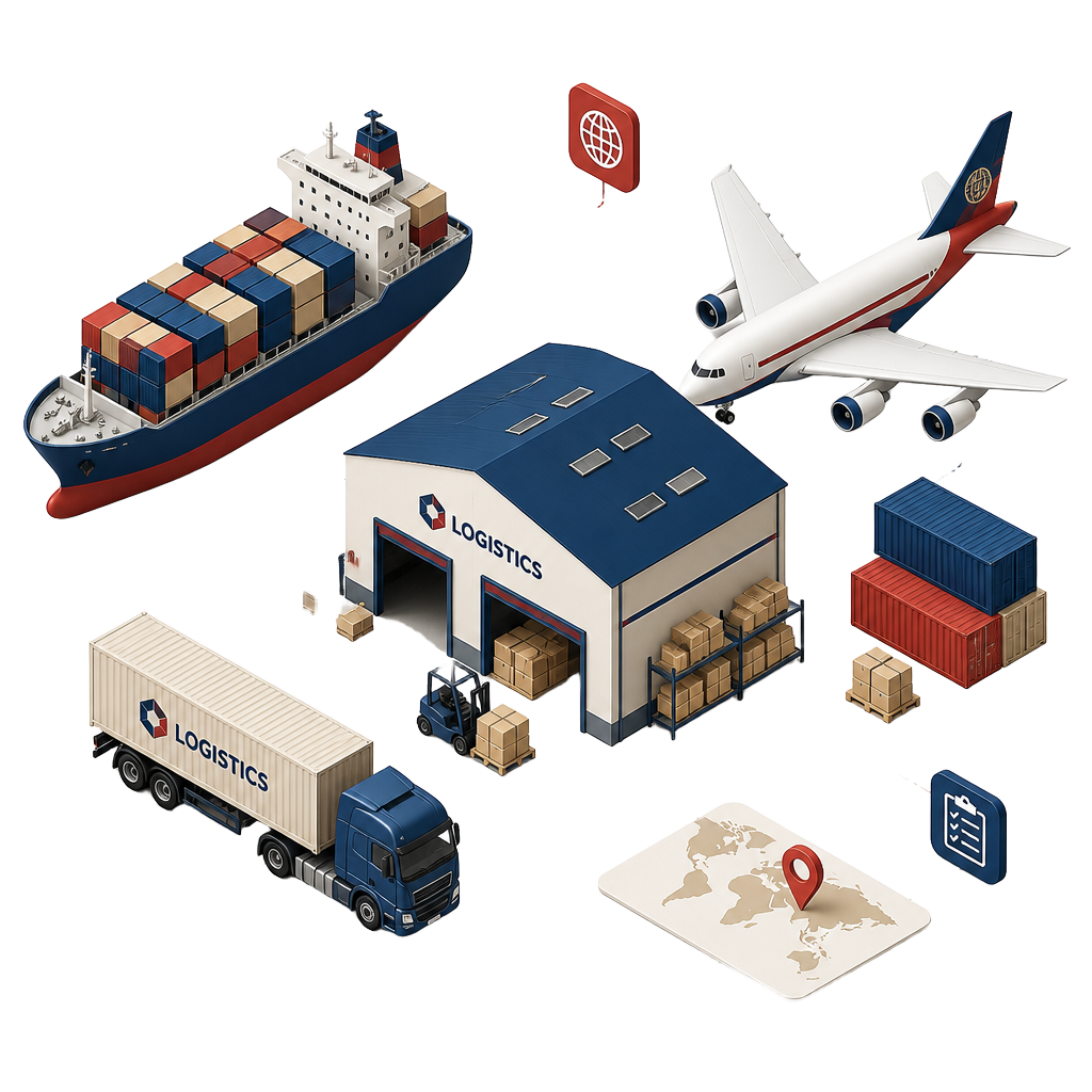 Illustration of a cargo ship, aircraft, warehouse and container truck