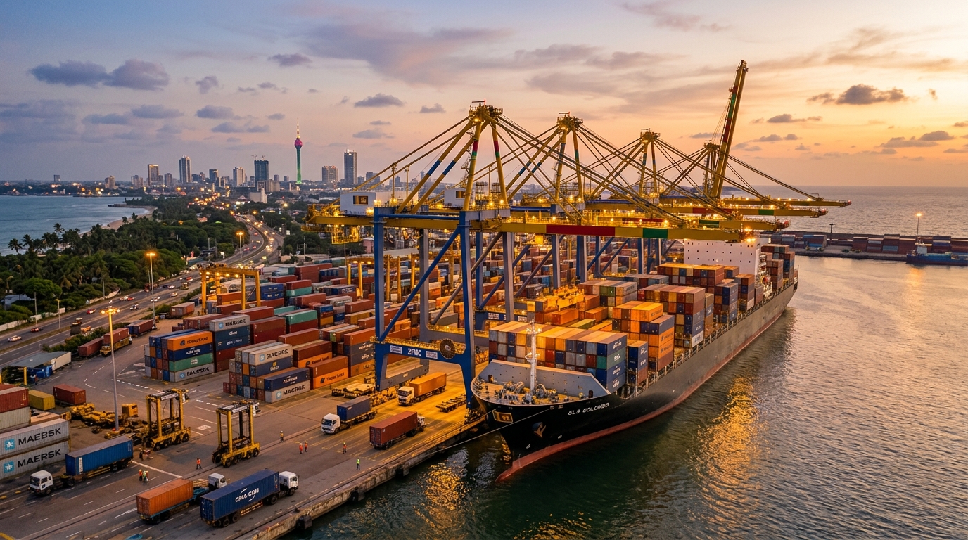 Colombo Port container terminal in Sri Lanka at dusk with gantry cranes loading a cargo ship